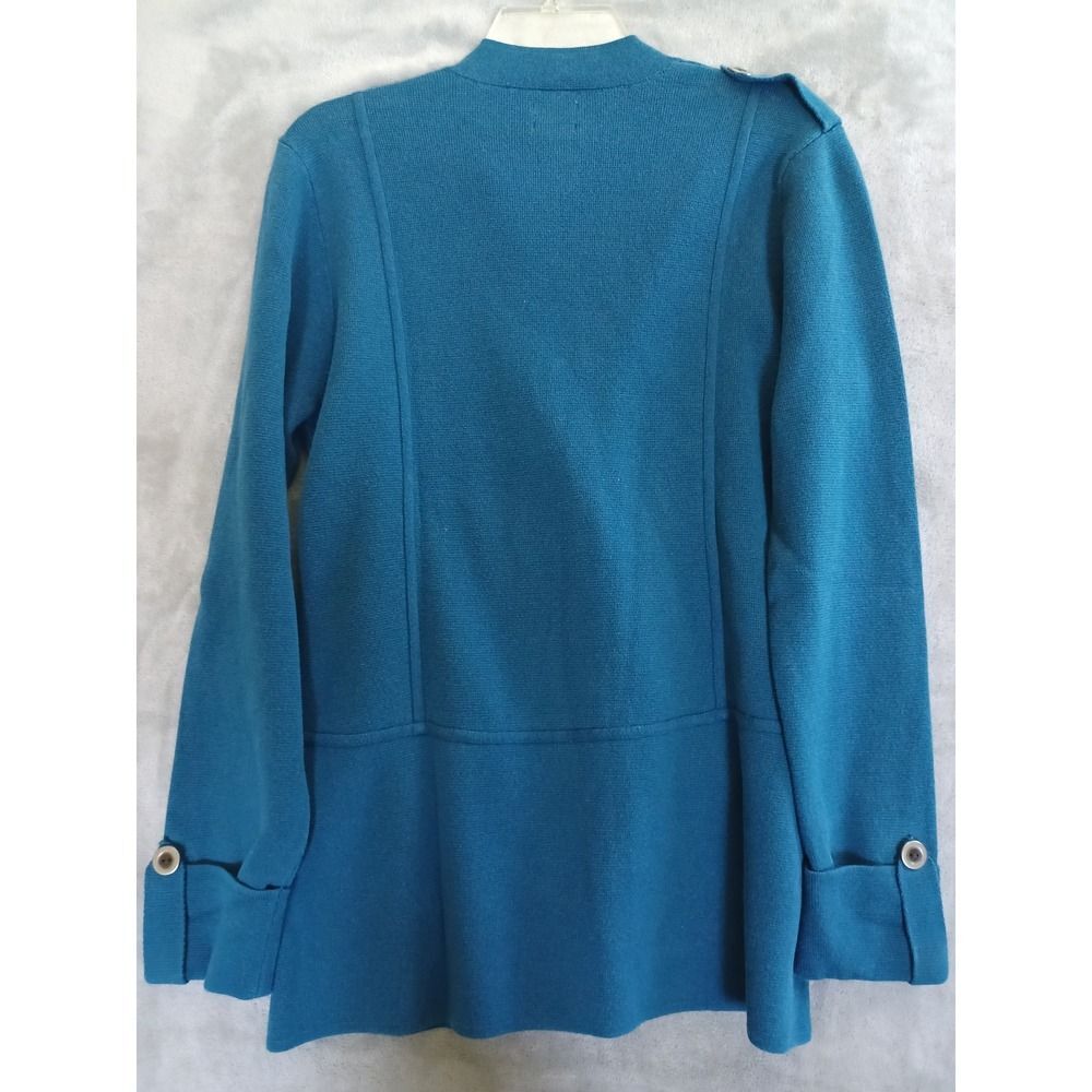 Chicos‎ Sz 2 Lg Cardigan Jacket Knit Military Button Cotton Blue Stretch Office - Picture 2 of 10
